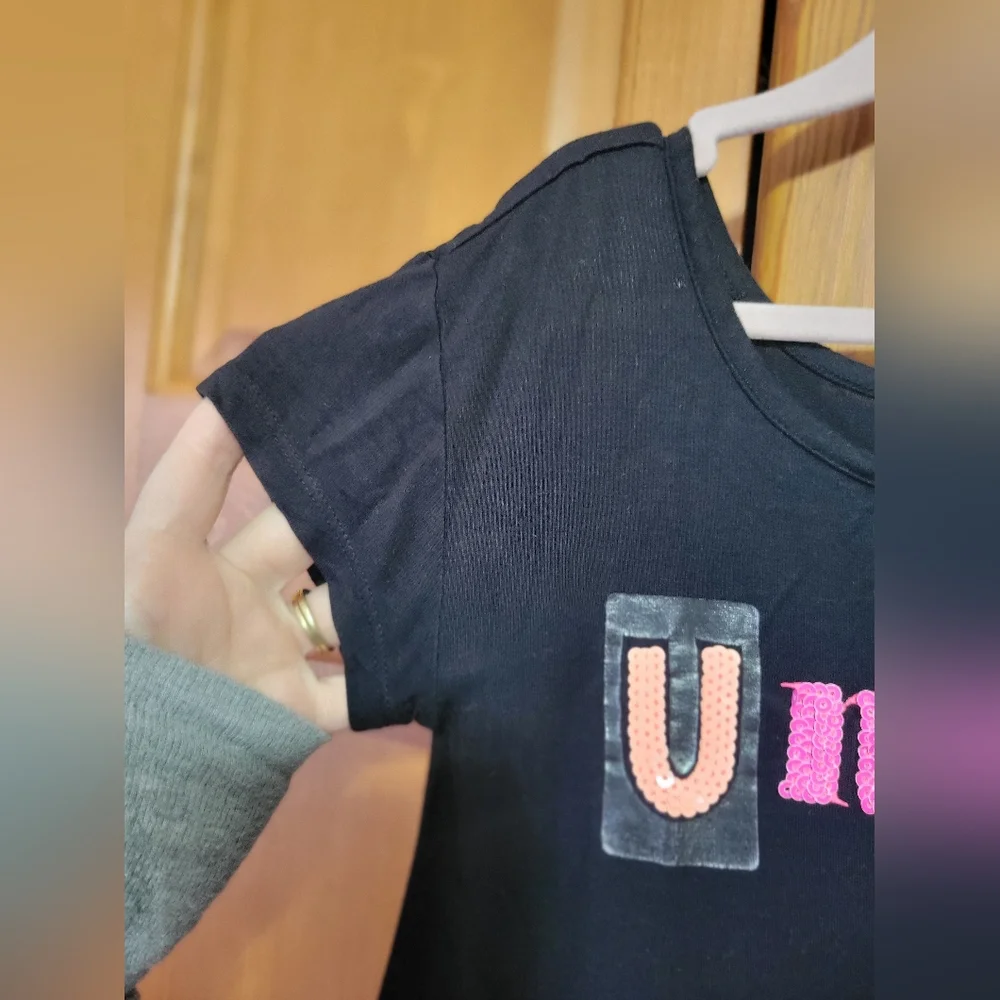 Justice Girls Black 'Unique' Short Sleeve Tunic Top with Colorful Sequin Letters